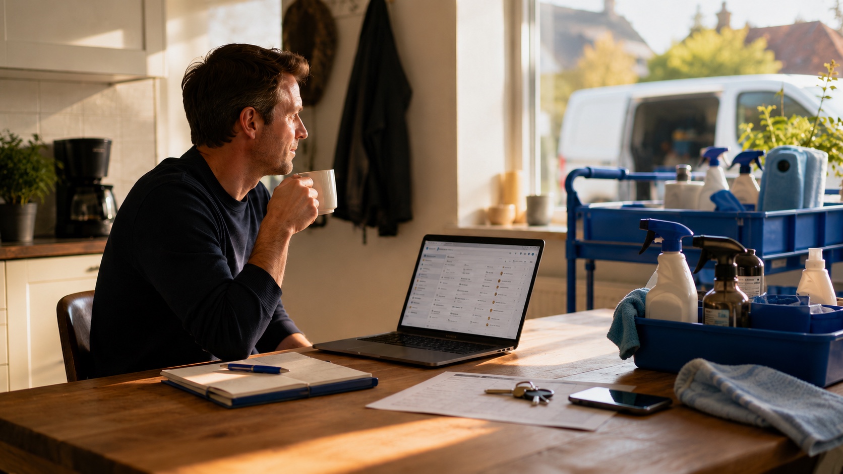 The cleaning company leader plans the morning work at the kitchen table with a laptop, cleaning supplies and a blue cart beside them.